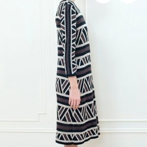 Anne Klein Sweater Dress | Brown Knit Geometric Print Long Dress